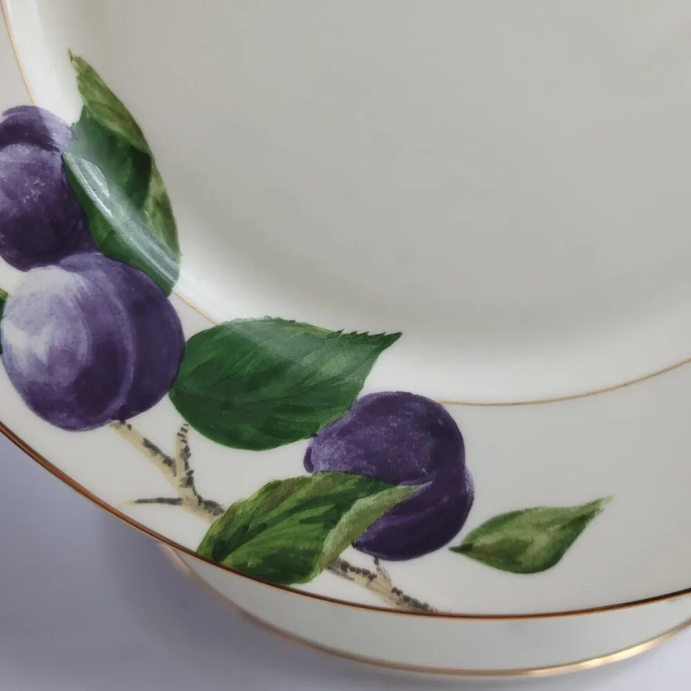 TWO Mikasa Plum L3132 Court Dinner Plates White with Purple Plums Green Leaves